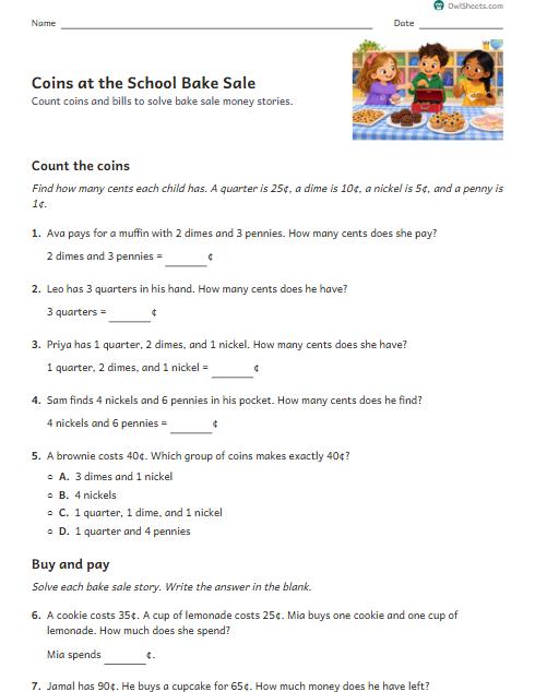 Coins at the School Bake Sale worksheet preview