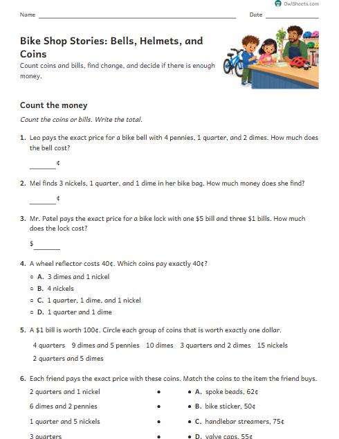 Bike Shop Stories: Bells, Helmets, and Coins worksheet preview