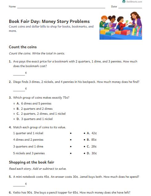 Book Fair Day: Money Story Problems worksheet preview