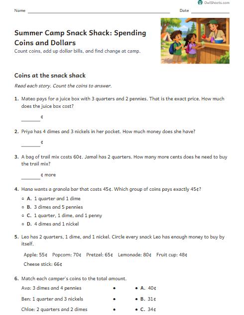 Summer Camp Snack Shack: Spending Coins and Dollars worksheet preview