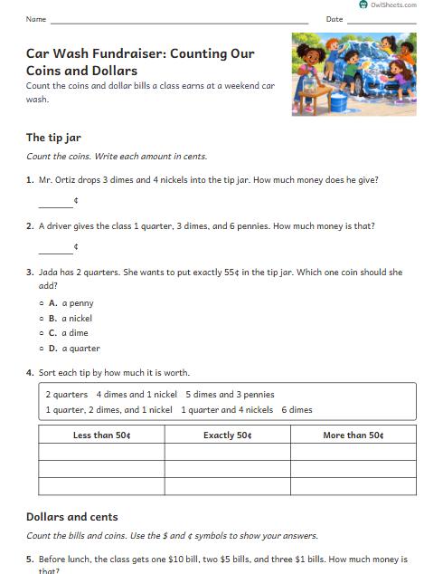 Car Wash Fundraiser: Counting Our Coins and Dollars worksheet preview