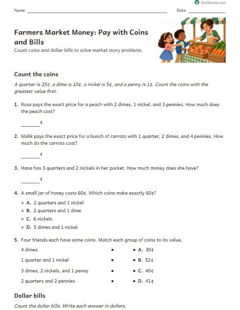 Farmers Market Money: Pay with Coins and Bills worksheet preview