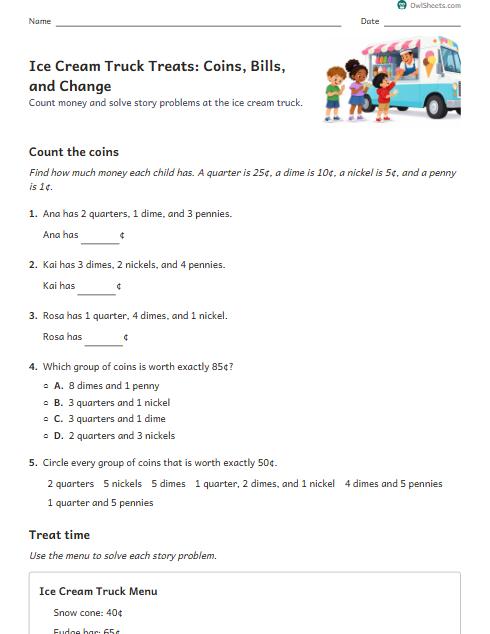 Ice Cream Truck Treats: Coins, Bills, and Change worksheet preview