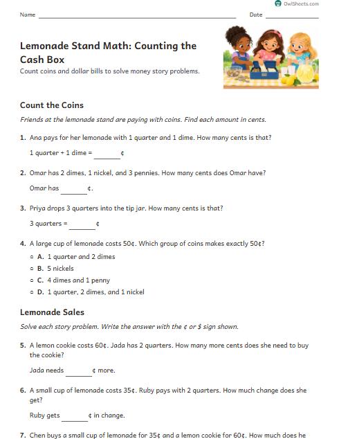 Lemonade Stand Math: Counting the Cash Box worksheet preview