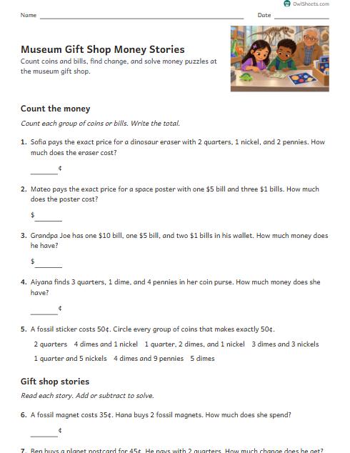Museum Gift Shop Money Stories worksheet preview