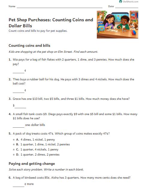 Pet Shop Purchases: Counting Coins and Dollar Bills worksheet preview