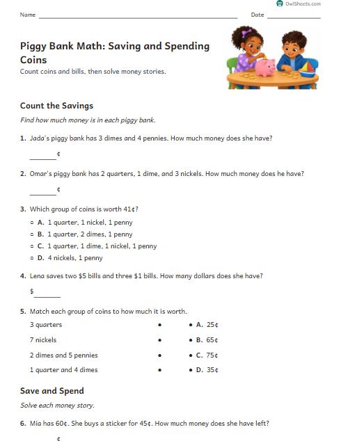 Piggy Bank Math: Saving and Spending Coins worksheet preview