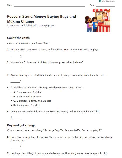 Popcorn Stand Money: Buying Bags and Making Change worksheet preview