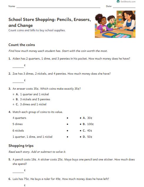 School Store Shopping: Pencils, Erasers, and Change worksheet preview