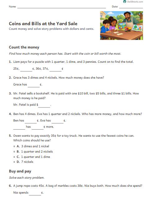 Coins and Bills at the Yard Sale worksheet preview
