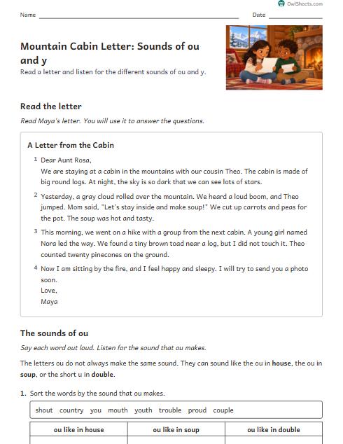 Mountain Cabin Letter: Sounds of ou and y worksheet preview