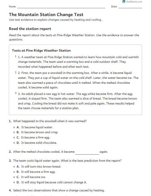 The Mountain Station Change Test worksheet preview