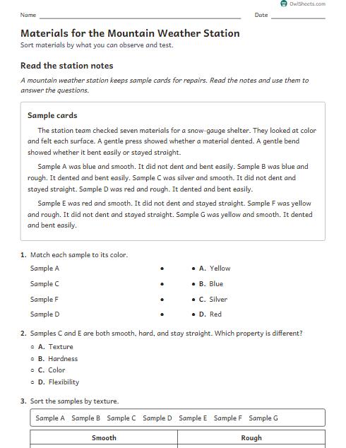 Materials for the Mountain Weather Station worksheet preview