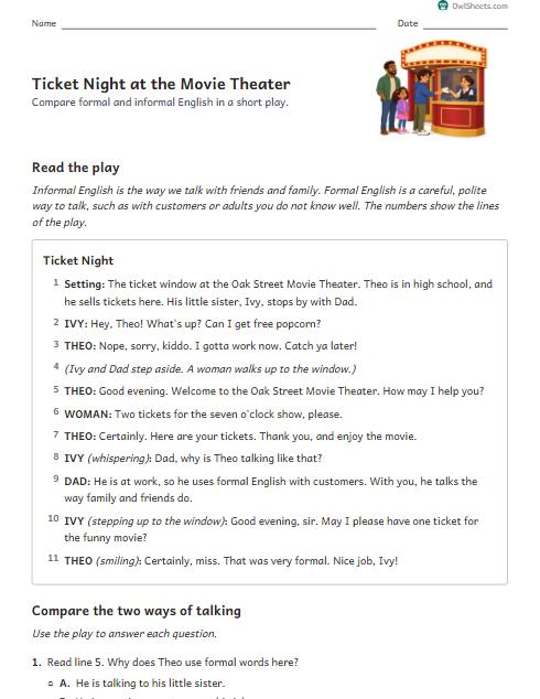 Ticket Night at the Movie Theater worksheet preview