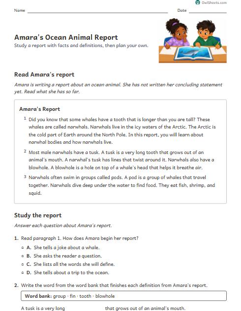 Amara's Ocean Animal Report worksheet preview