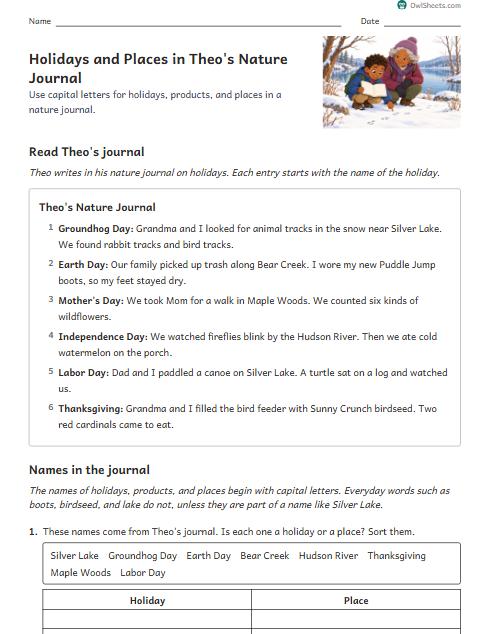 Holidays and Places in Theo's Nature Journal worksheet preview