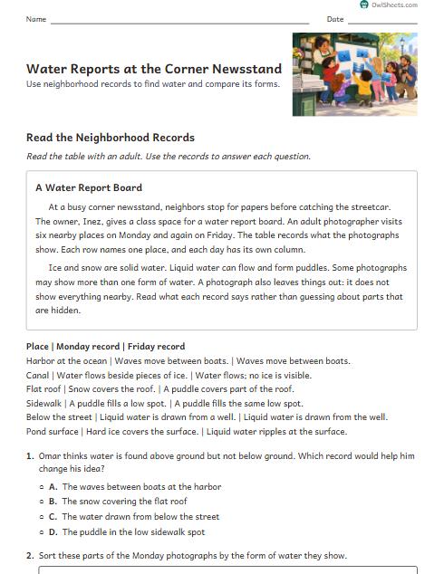 Water Reports at the Corner Newsstand worksheet preview