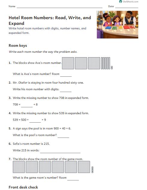 Hotel Room Numbers: Read, Write, and Expand worksheet preview