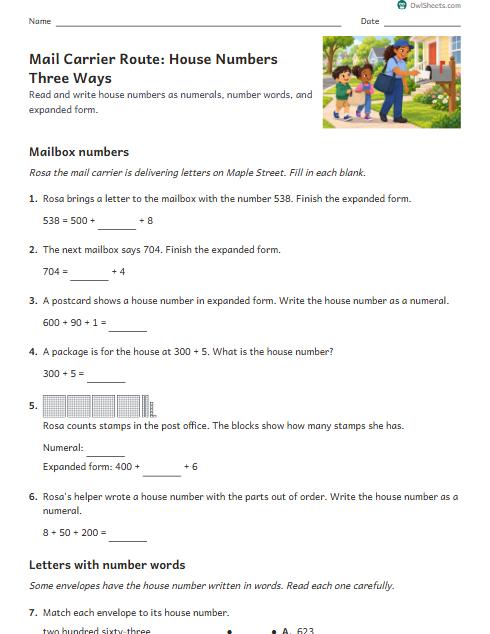 Mail Carrier Route: House Numbers Three Ways worksheet preview