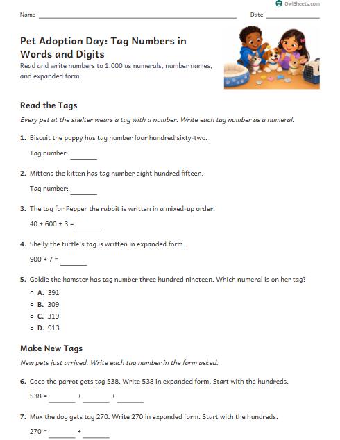 Pet Adoption Day: Tag Numbers in Words and Digits worksheet preview
