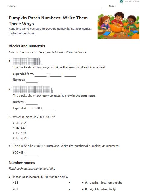 Pumpkin Patch Numbers: Write Them Three Ways worksheet preview