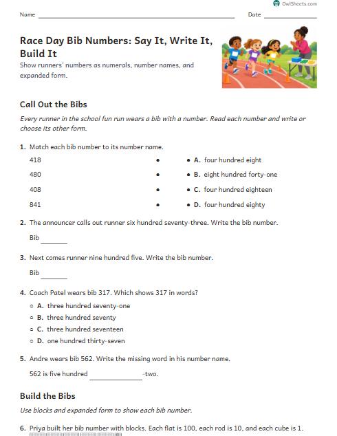 Race Day Bib Numbers: Say It, Write It, Build It worksheet preview