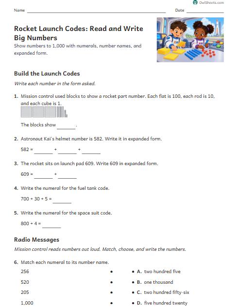 Rocket Launch Codes: Read and Write Big Numbers worksheet preview