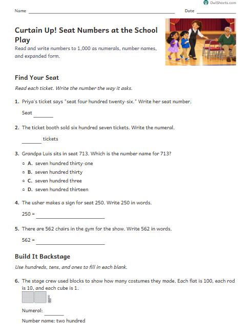 Curtain Up! Seat Numbers at the School Play worksheet preview