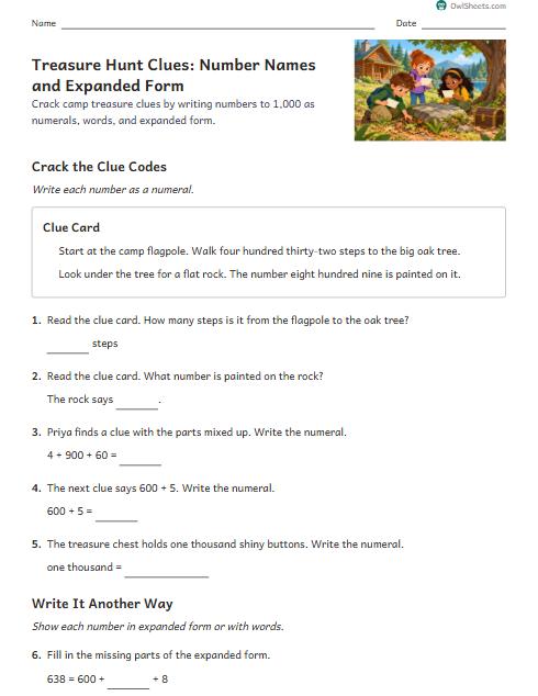 Treasure Hunt Clues: Number Names and Expanded Form worksheet preview