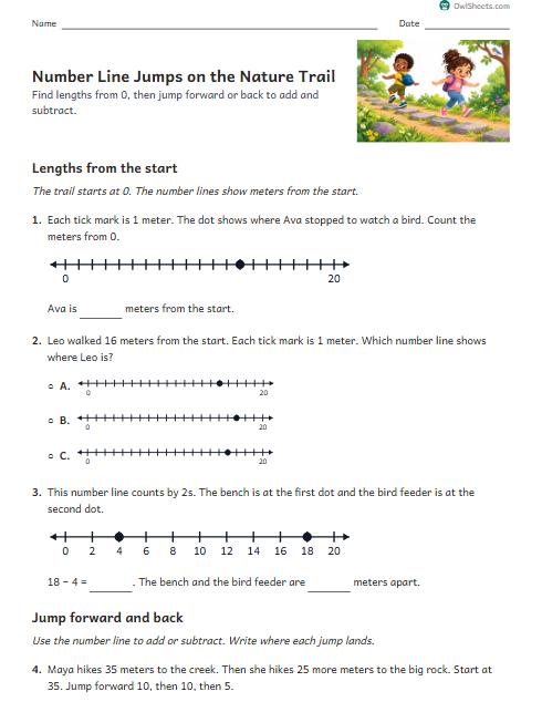 Number Line Jumps on the Nature Trail worksheet preview