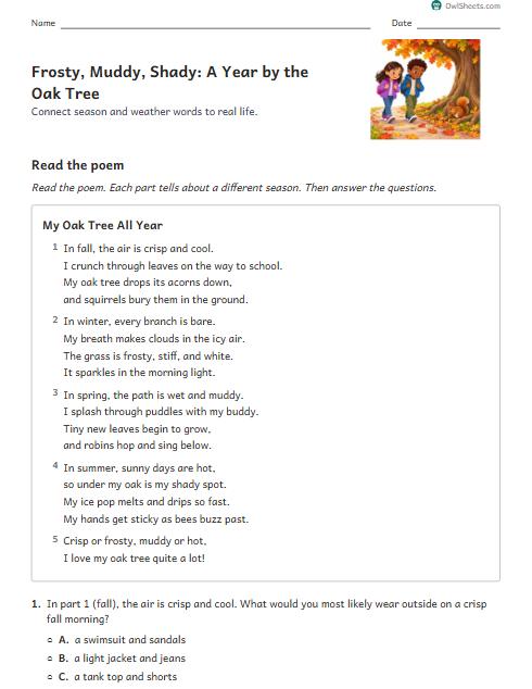 Frosty, Muddy, Shady: A Year by the Oak Tree worksheet preview
