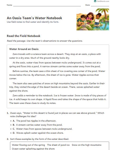 An Oasis Team's Water Notebook worksheet preview