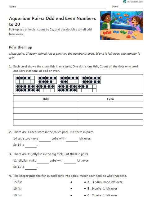 Aquarium Pairs: Odd and Even Numbers to 20 worksheet preview