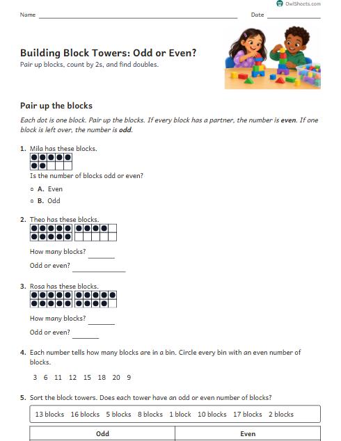 Building Block Towers: Odd or Even? worksheet preview