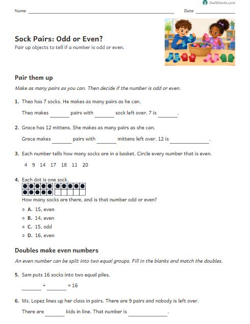 Sock Pairs: Odd or Even? worksheet preview