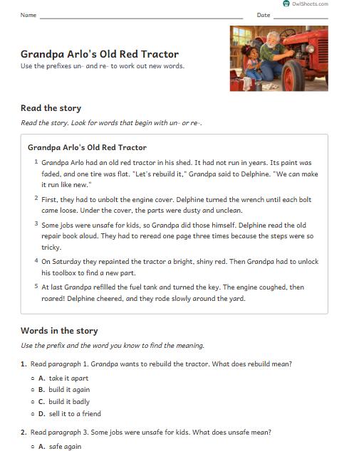 Grandpa Arlo's Old Red Tractor worksheet preview