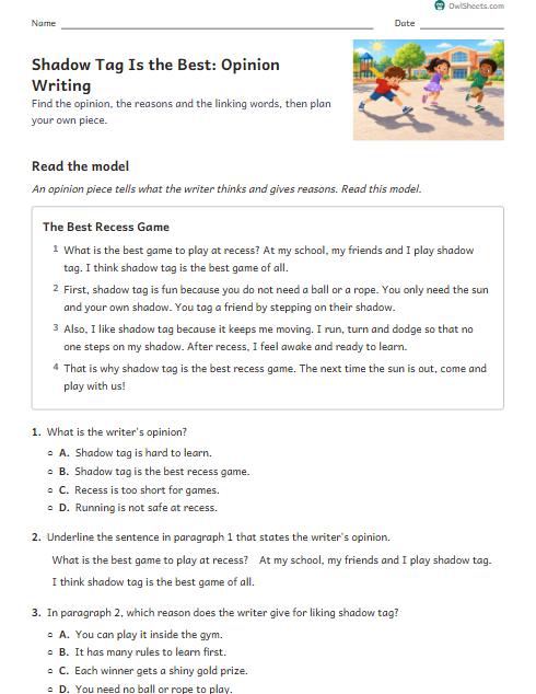 Shadow Tag Is the Best: Opinion Writing worksheet preview