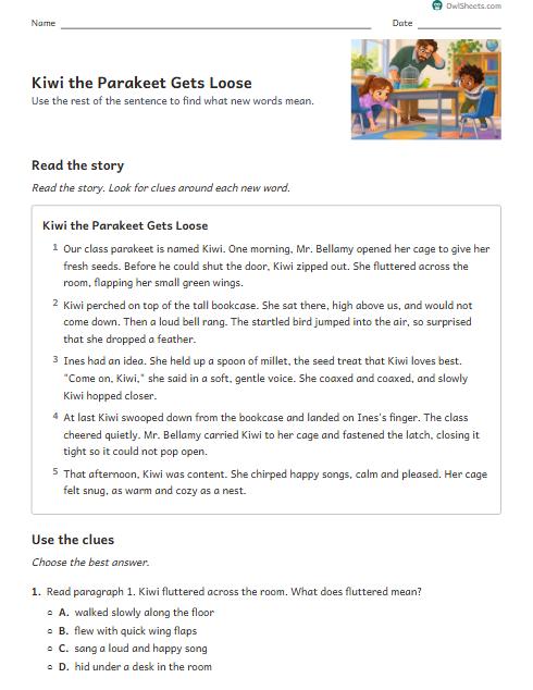 Kiwi the Parakeet Gets Loose worksheet preview