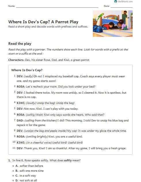 Where Is Dev's Cap? A Parrot Play worksheet preview