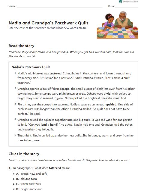 Nadia and Grandpa's Patchwork Quilt worksheet preview
