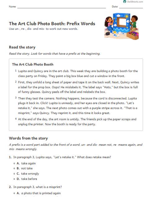The Art Club Photo Booth: Prefix Words worksheet preview