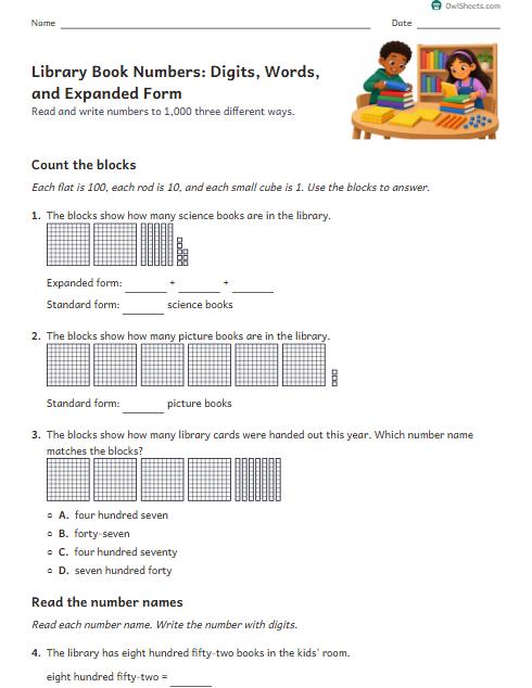 Library Book Numbers: Digits, Words, and Expanded Form worksheet preview