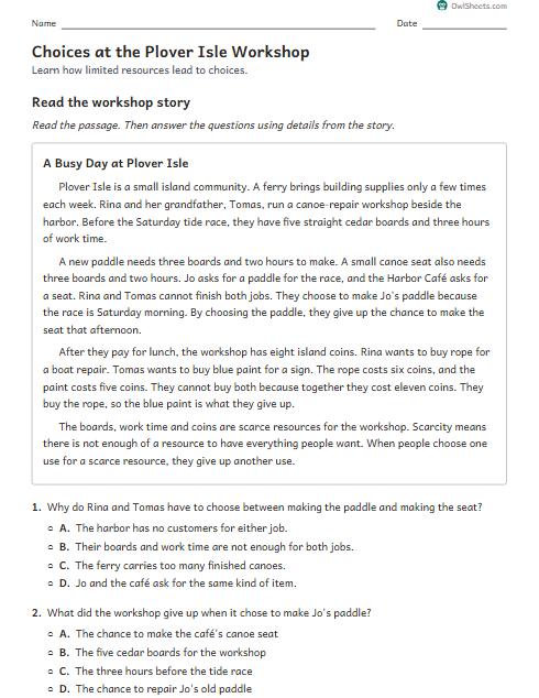 Choices at the Plover Isle Workshop worksheet preview