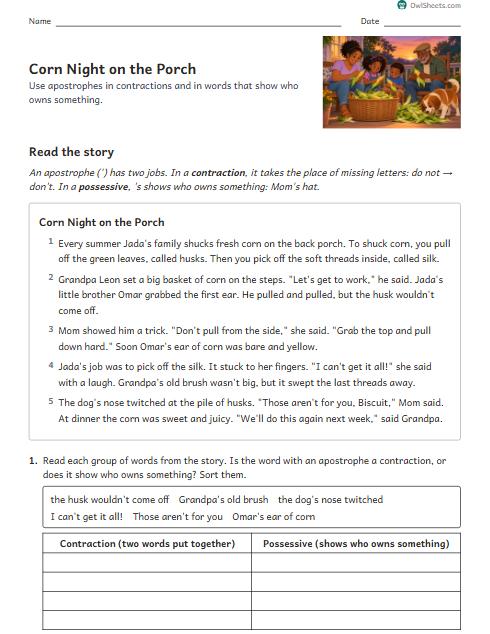 Corn Night on the Porch worksheet preview