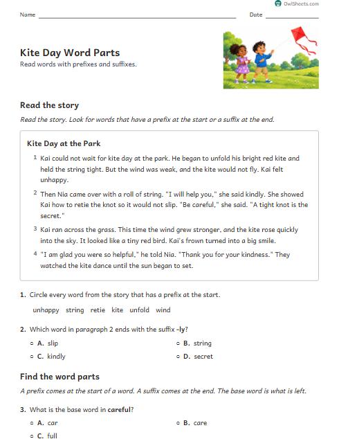 Kite Day Word Parts worksheet preview
