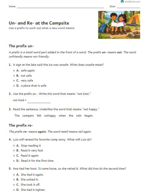 Un- and Re- at the Campsite worksheet preview