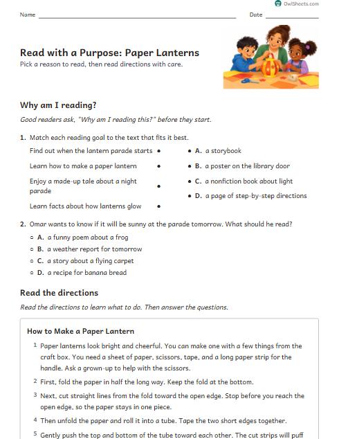 Read with a Purpose: Paper Lanterns worksheet preview