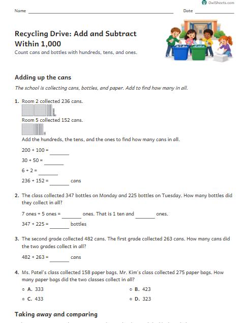 Recycling Drive: Add and Subtract Within 1,000 worksheet preview