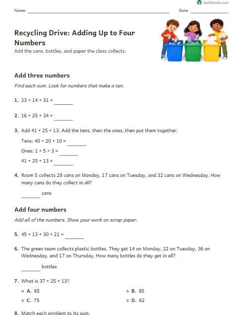Recycling Drive: Adding Up to Four Numbers worksheet preview