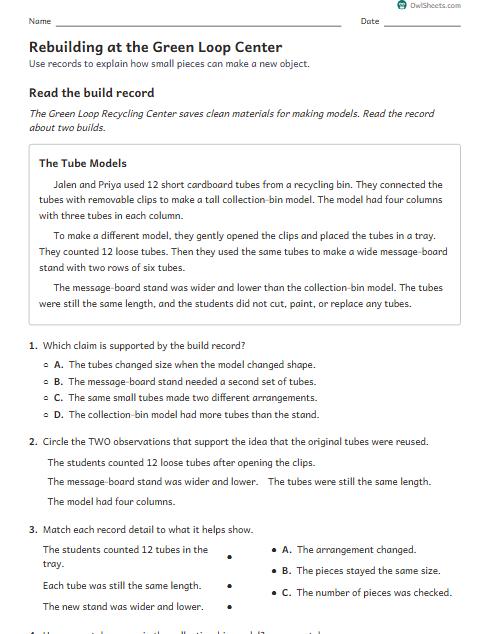 Rebuilding at the Green Loop Center worksheet preview